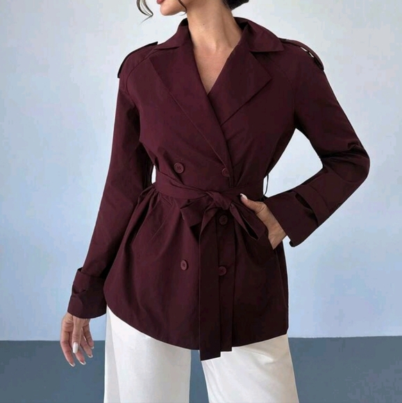 Women's Burgundy Lapel Long-Sleeved Double-Breasted Casual Trench Coat - Picture 1 of 4